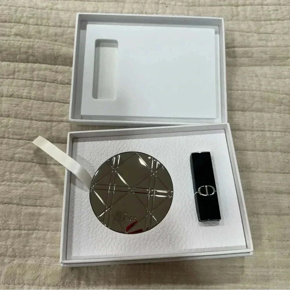 DIOR Silver Cannage Metal Double Sided Mirror and Lipstick Set